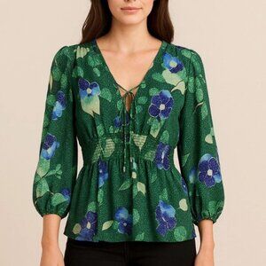 NWOT WHBM Smocked Waist Kimono- Floral Green Size L